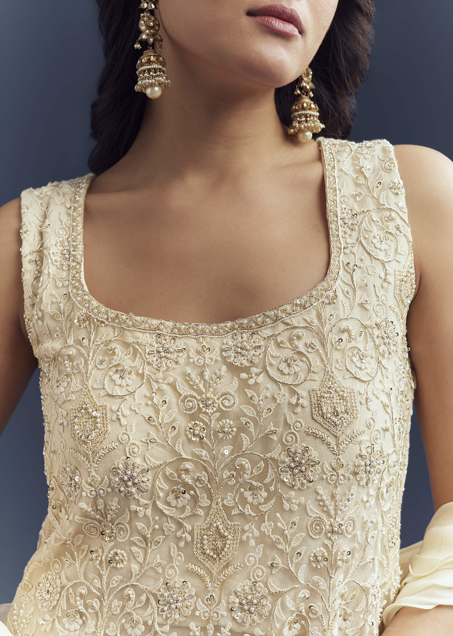 Cream Georgette Sharara Suit With Moti And Thread Work