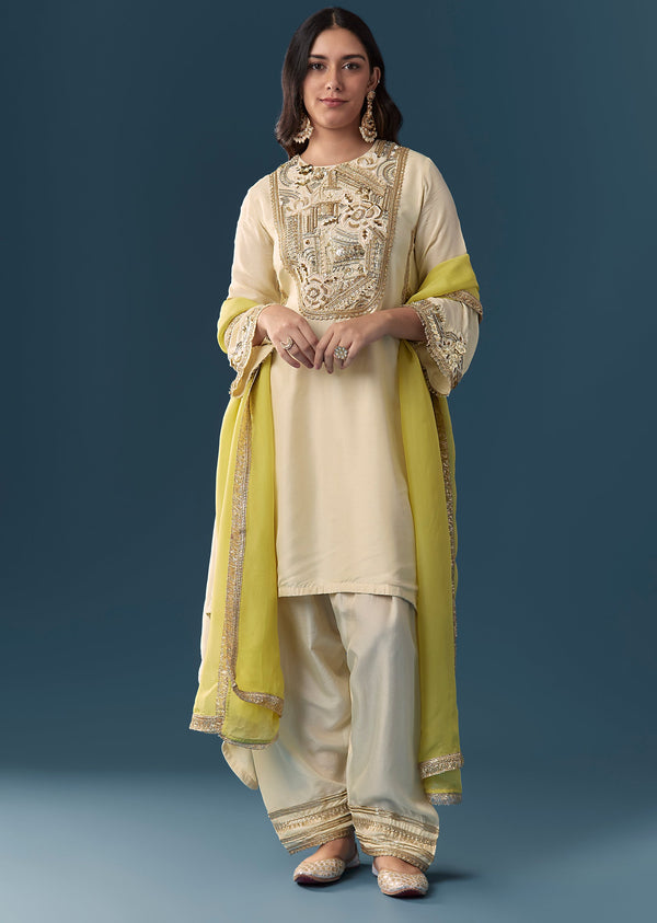 Cream Green Ombre Dupatta Kurta Set With Pant