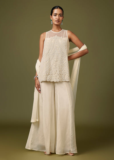 Cream Illusion Neck Net Palazzo Set With Choker Dupatta