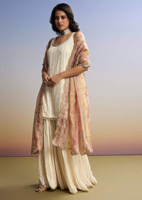 Cream Lucknowi Sharara Set With Tissue Dupatta