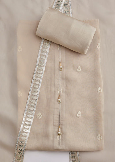 Cream Organza Embroidered Unstitched Suit Set With Dupatta