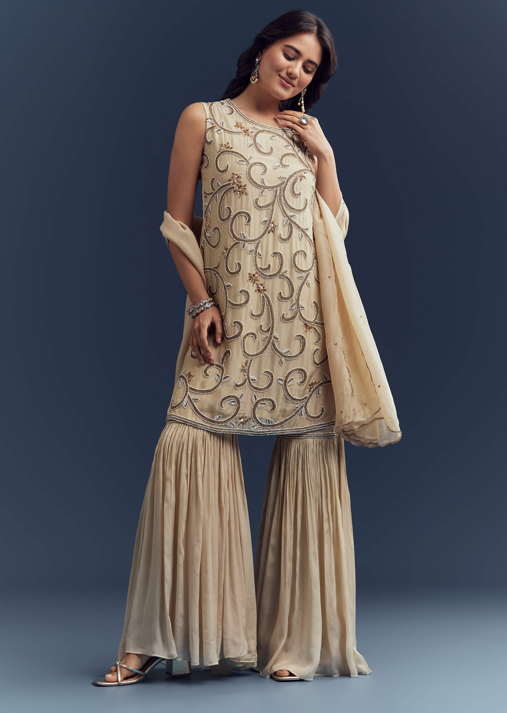 Cream Organza Sharara Suit With Moti And Cutdana Work
