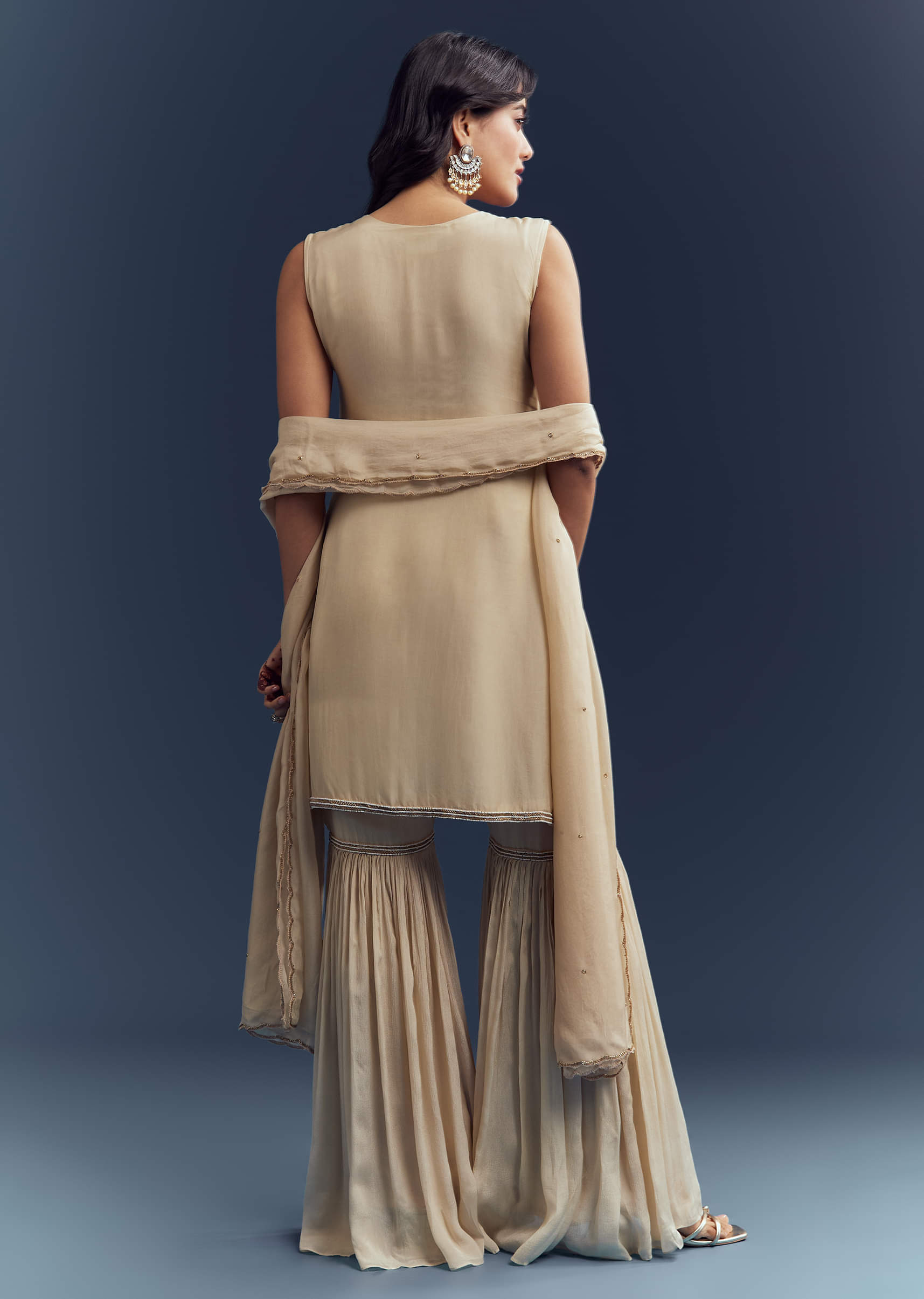 Cream Organza Sharara Suit With Moti And Cutdana Work