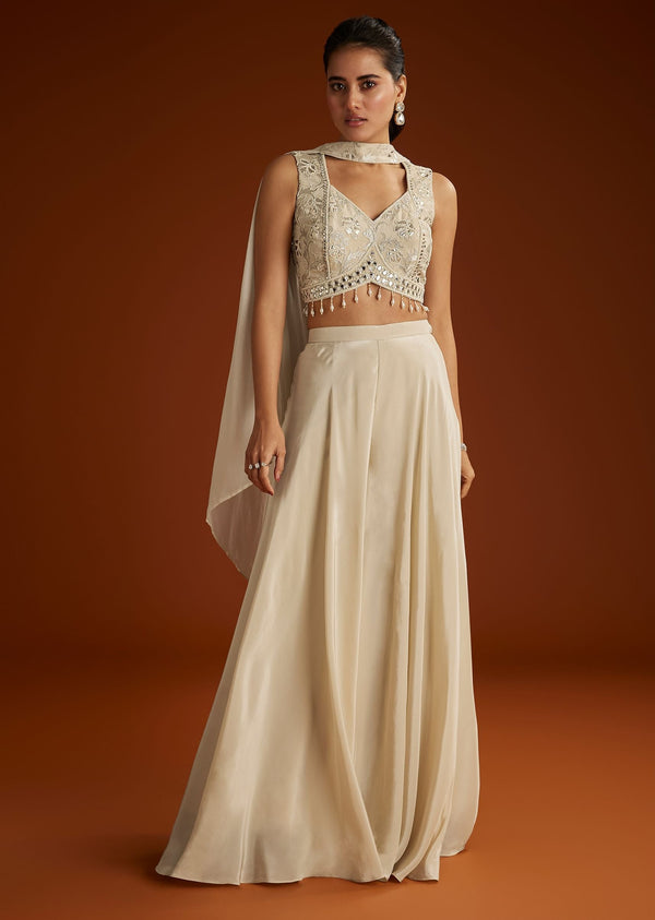 Cream Patch And Mirrorwork Crop Top With Choker Dupatta