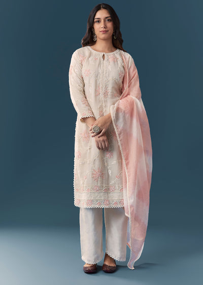 Cream Peach Applique Kurta Set With Pant And Dupatta