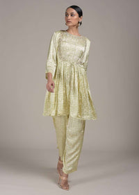 Cream Peplum Suit In Satin Blend With Bandhani Print All Over