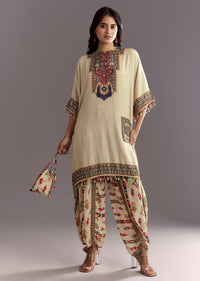 Cream Printed Muslin Kurta And Dhoti