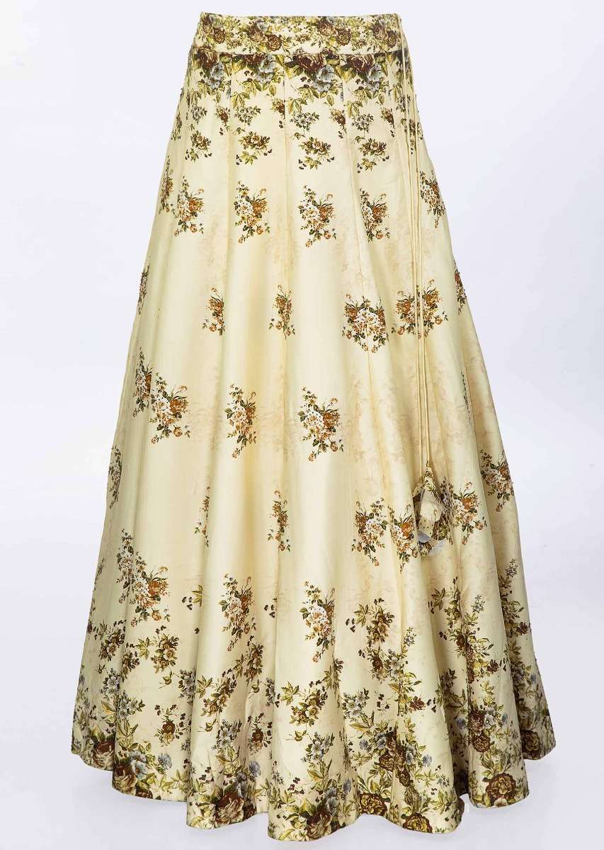 Cream satin crepe lehenga and blouse in digital floral print with matching net dupatta