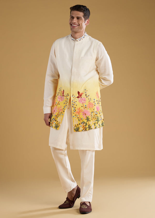 Cream Silk Embellished Jacket and Kurta Set
