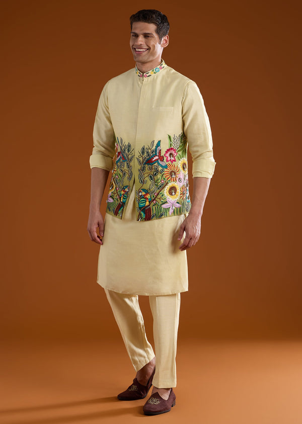 Cream Silk Jacket Kurta Set with Thread Work