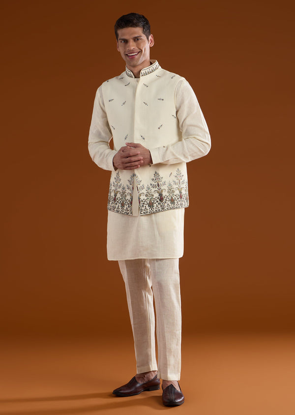 Cream Silk Mens Kurta Jacket Set With Thread And Mirror Work