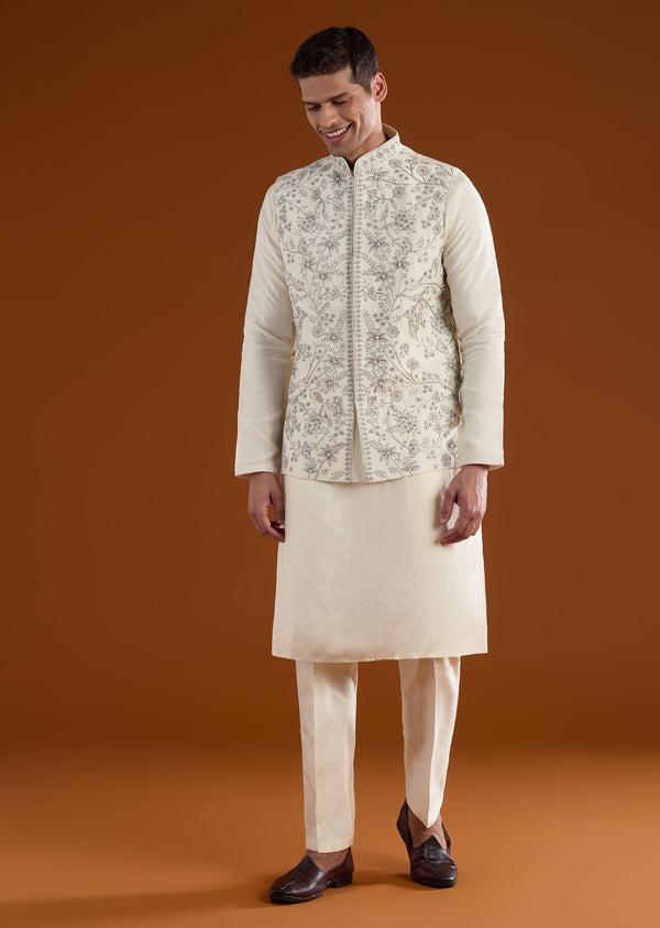 Cream Silk Mens Kurta Jacket Set With Thread Resham Moti And Sequins Work