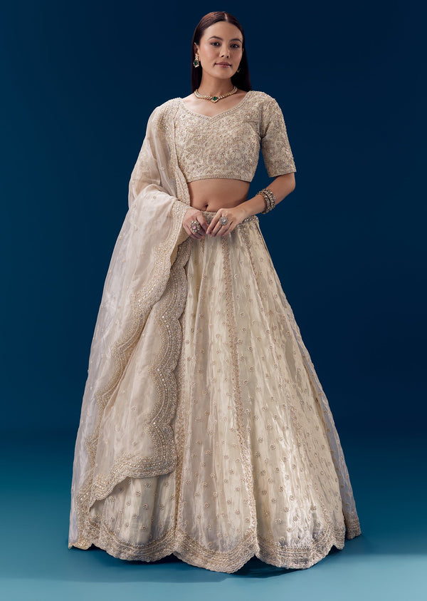 Cream Thread Embroidered Bridal Lehenga Set