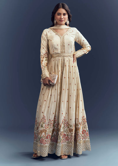 Cream Tissue Anarkali Suit With Delicate Resham Embroidery