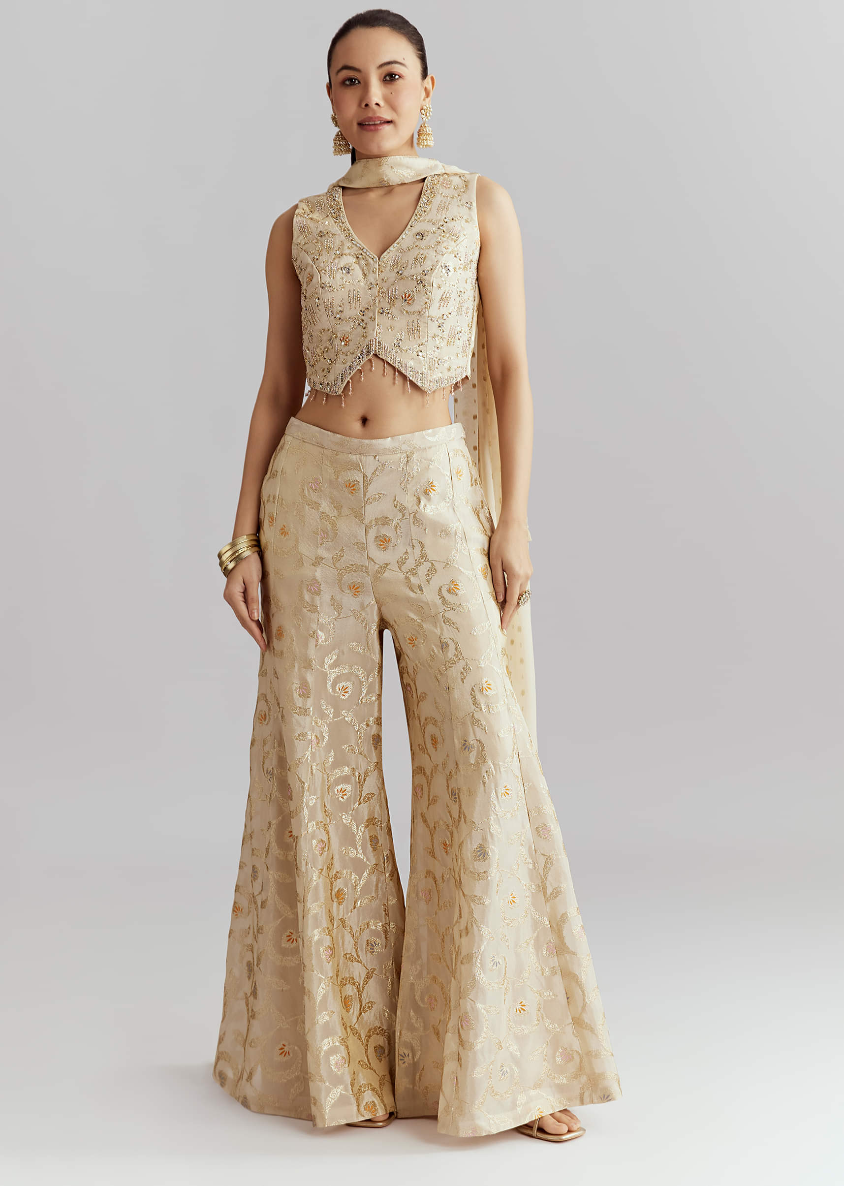 Cream Tissue Crop Top And Palazzo Pant Set With Embroidery