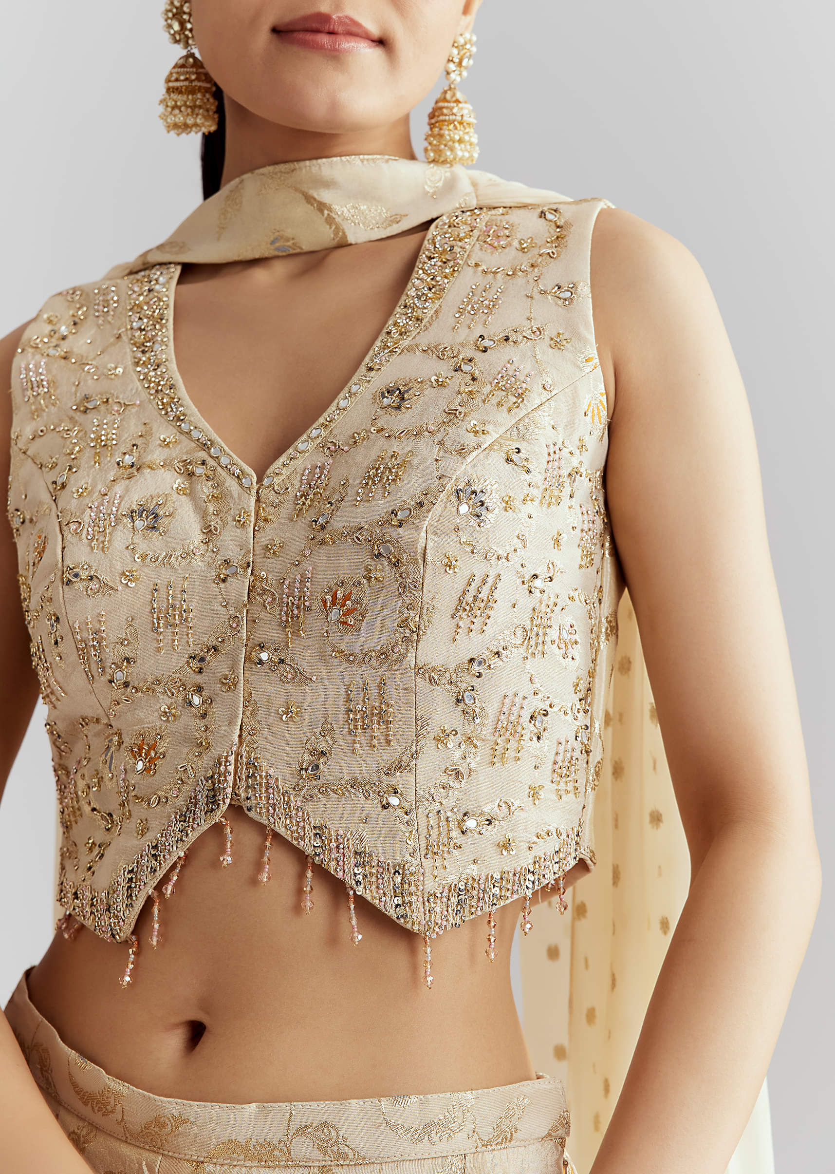 Cream Tissue Crop Top And Palazzo Pant Set With Embroidery