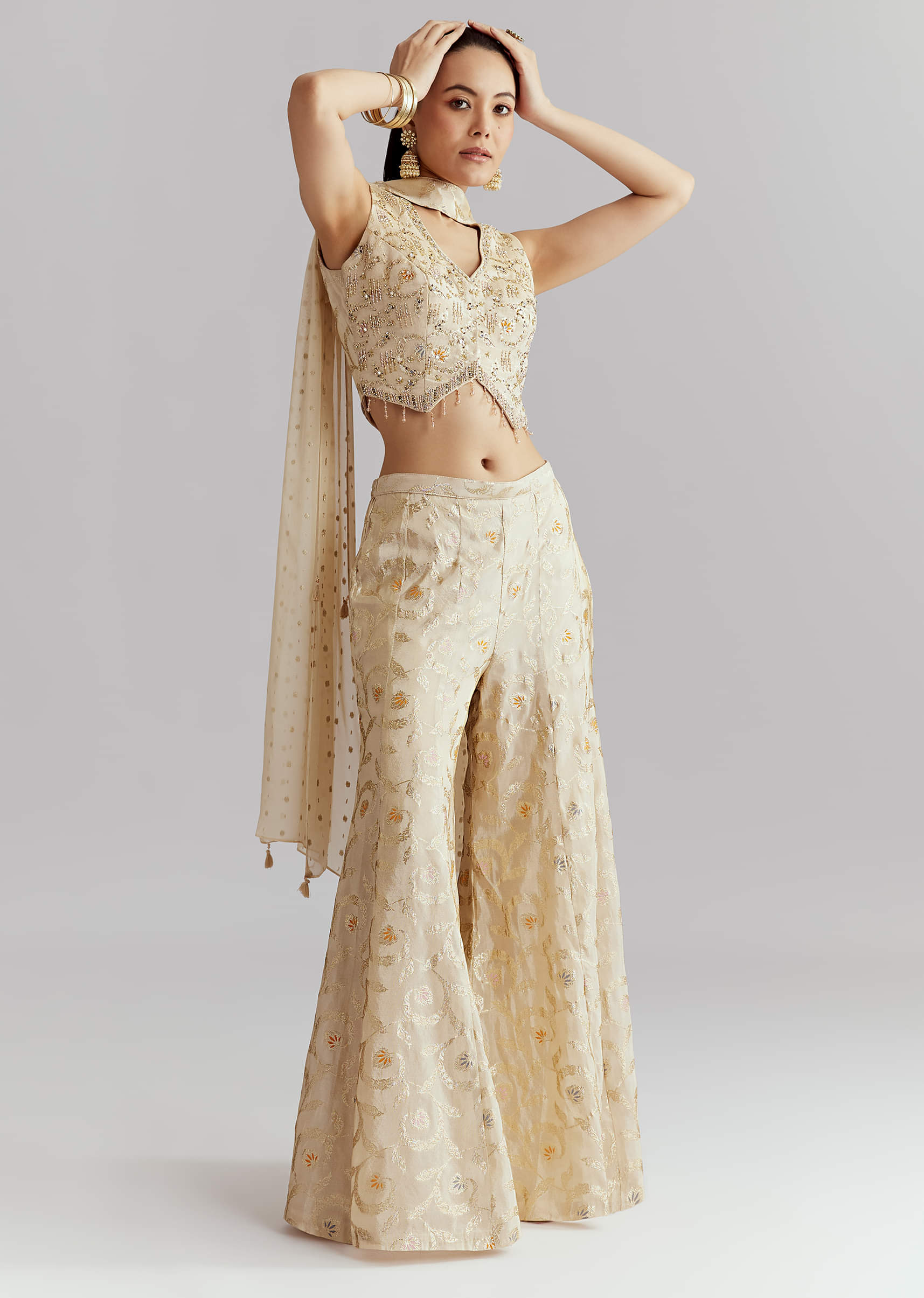 Cream Tissue Crop Top And Palazzo Pant Set With Embroidery