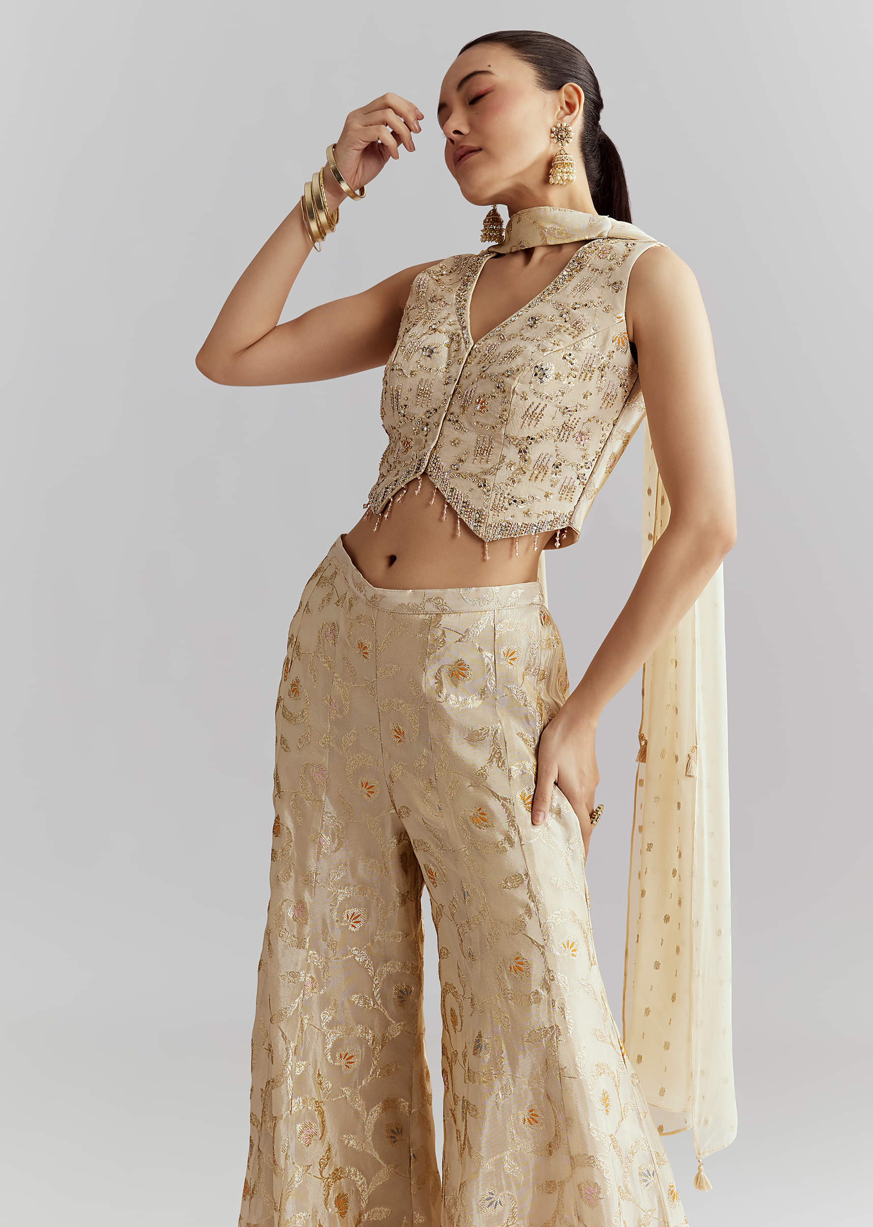 Cream Tissue Crop Top And Palazzo Pant Set With Embroidery