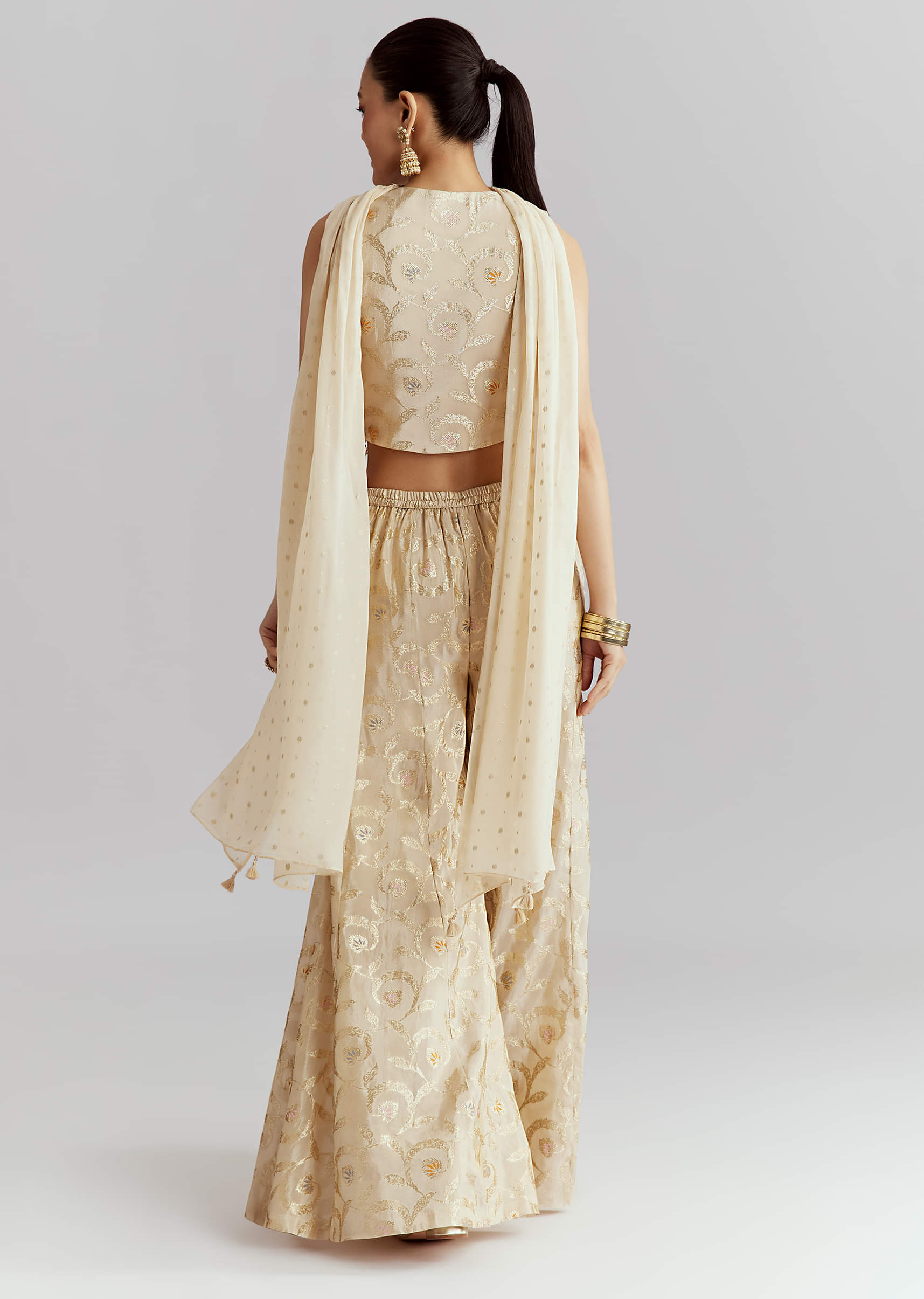 Cream Tissue Crop Top And Palazzo Pant Set With Embroidery
