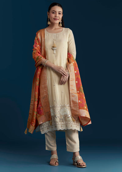 Cream Tissue Kurta Set with Bead Work