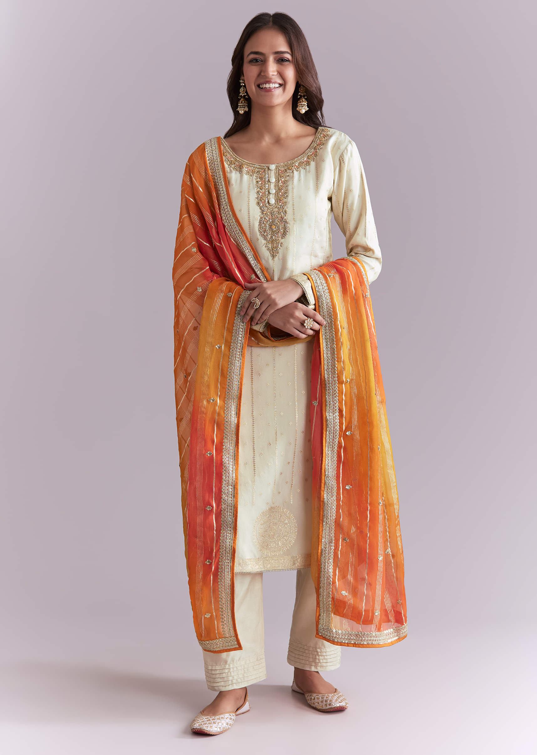 Cream Tissue Kurta Set With Embroidery And Two Tone Dupatta