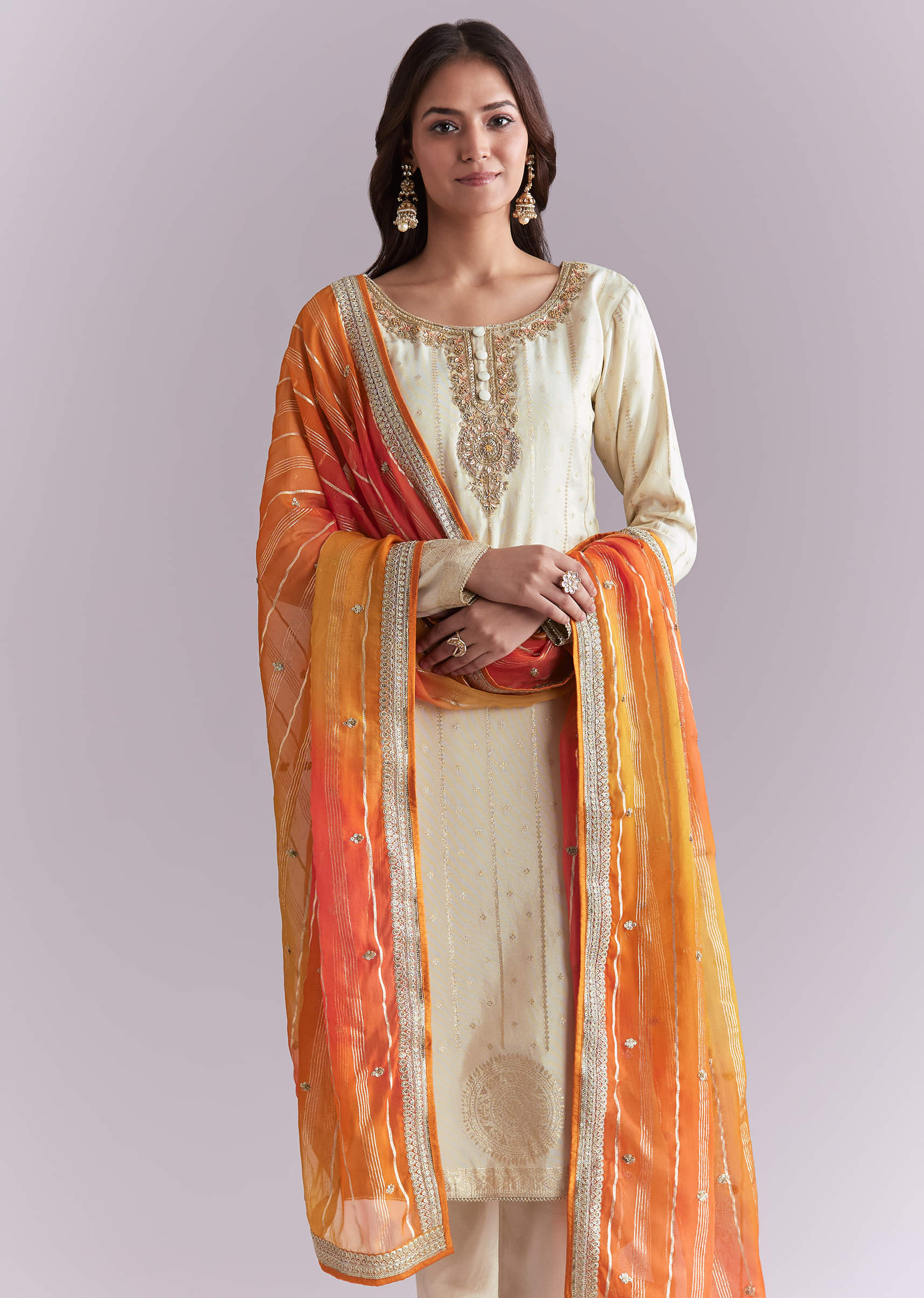 Cream Tissue Kurta Set With Embroidery And Two Tone Dupatta