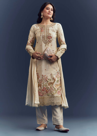 Cream Tissue Kurta Set With Resham And Zardosi Work