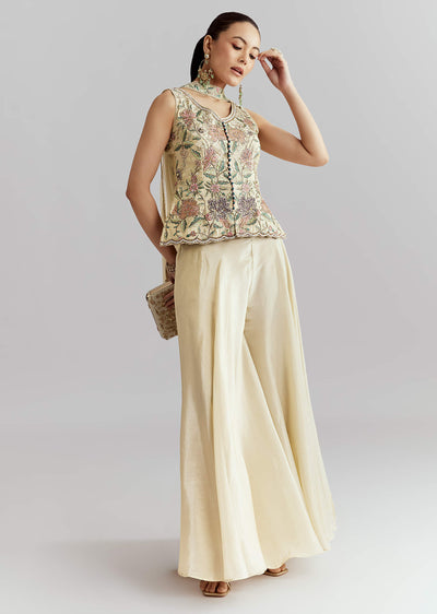 Cream Tissue Palazzo Suit With Resham And Sequins Work