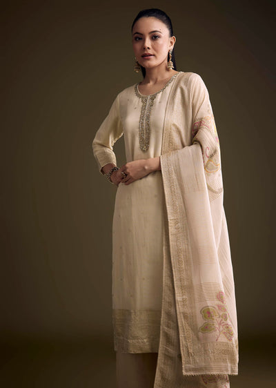 Cream Tissue Palazzo Suit With Sequins And Cutdana Work
