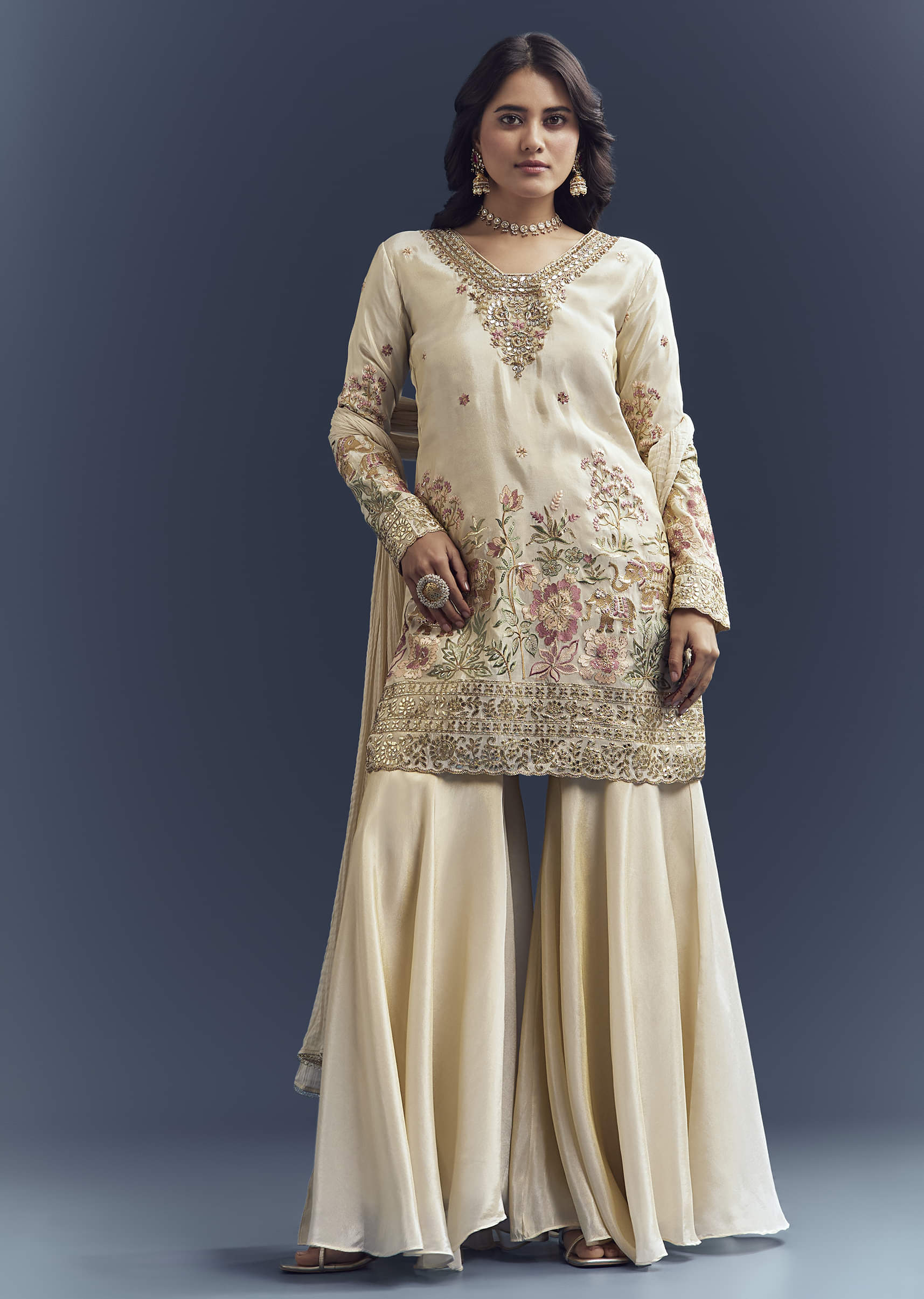 Cream Tissue Sharara Suit With Resham Hand Embroidery