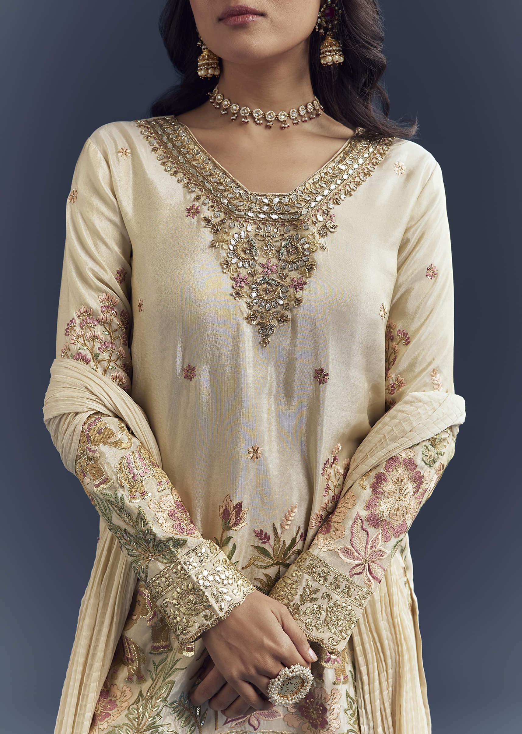 Cream Tissue Sharara Suit With Resham Hand Embroidery
