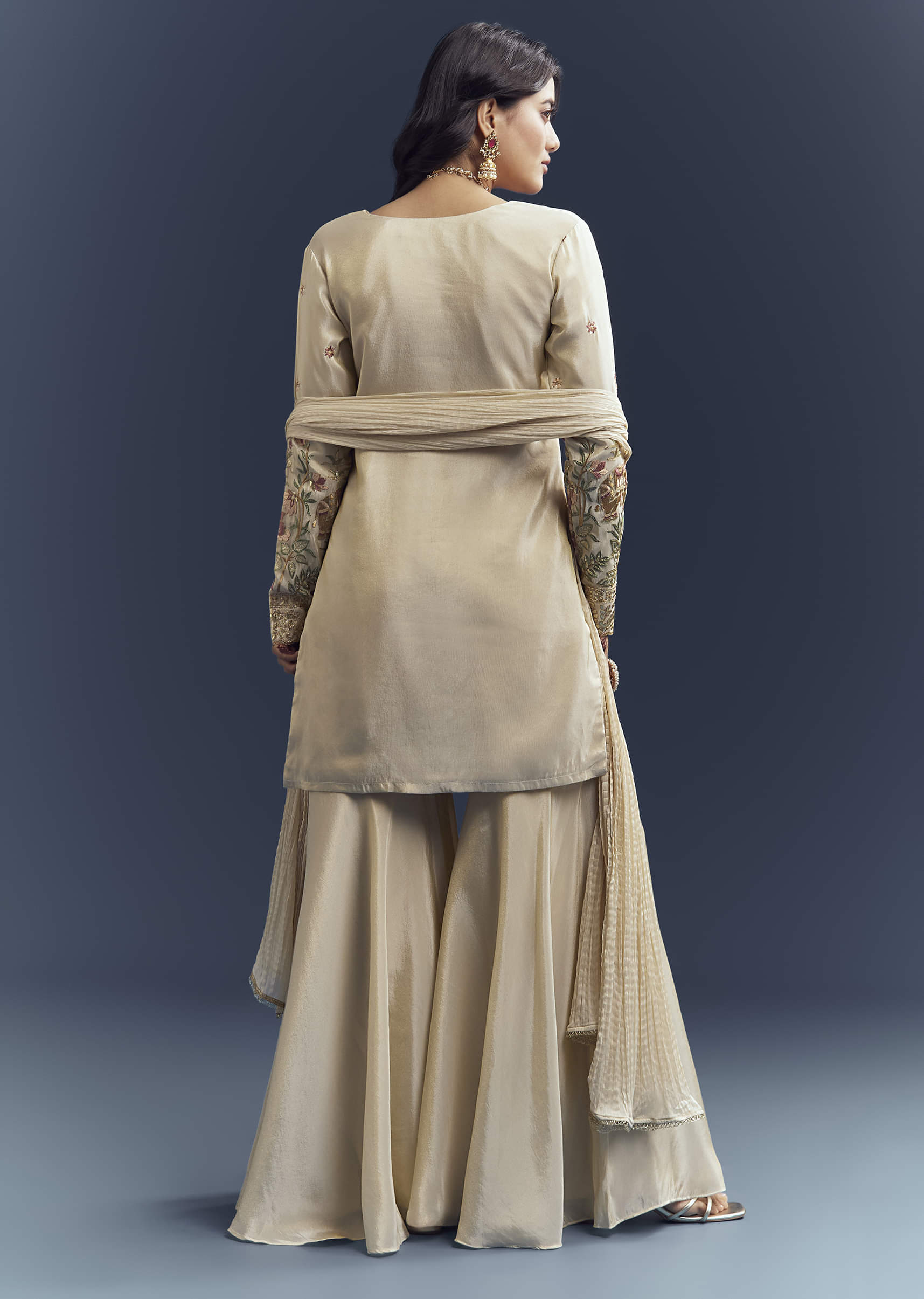 Cream Tissue Sharara Suit With Resham Hand Embroidery