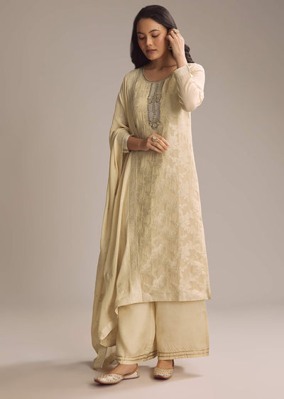 Cream White Banarasi Georgette Palazzo Suit