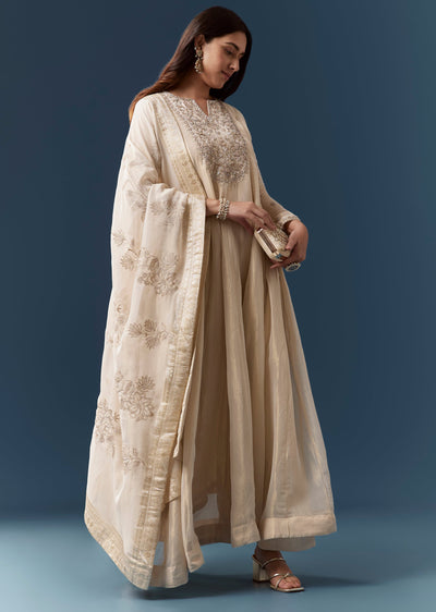 Cream Zardozi Work Anarkali Set