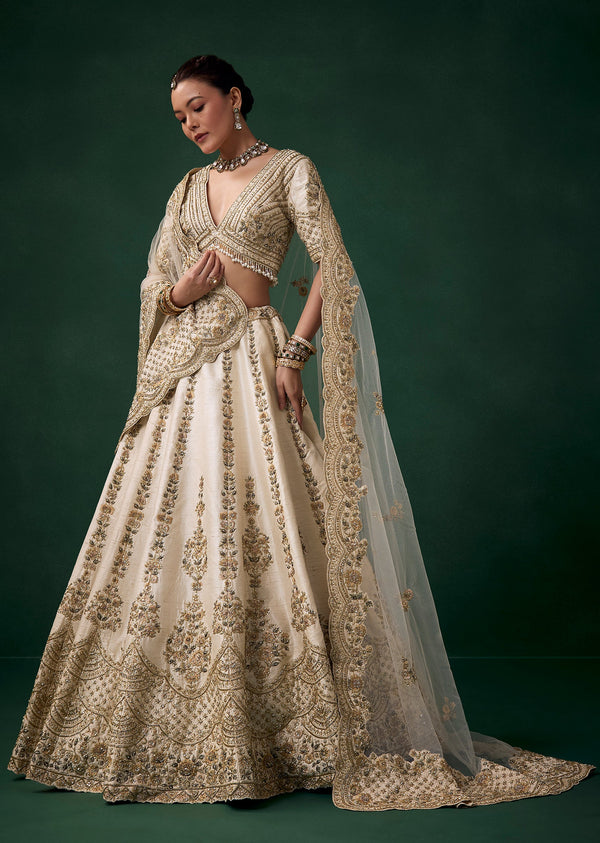 Cream Zari Embroidered Bridal Lehenga Sets