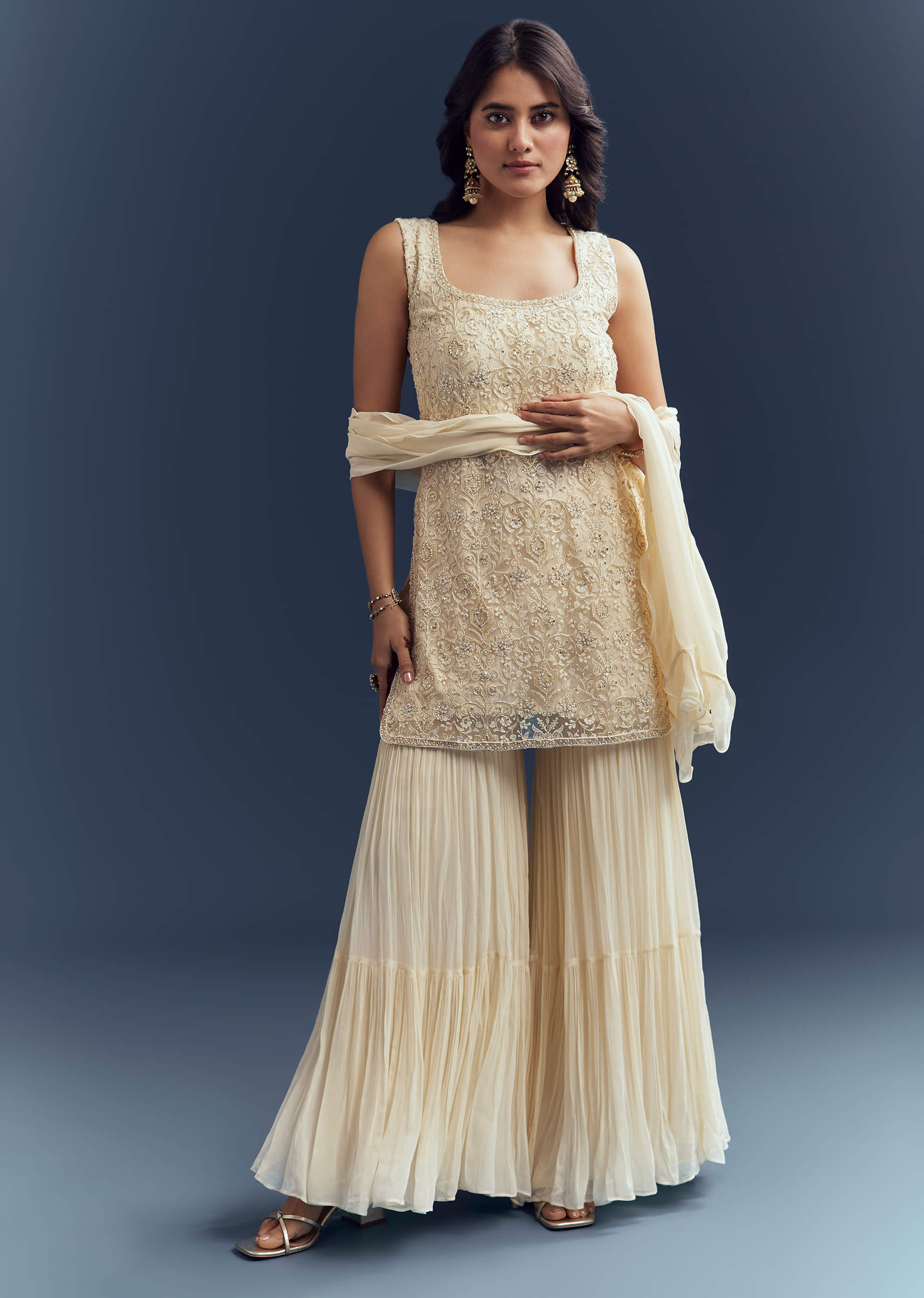 Cream Georgette Sharara Suit With Moti And Thread Work