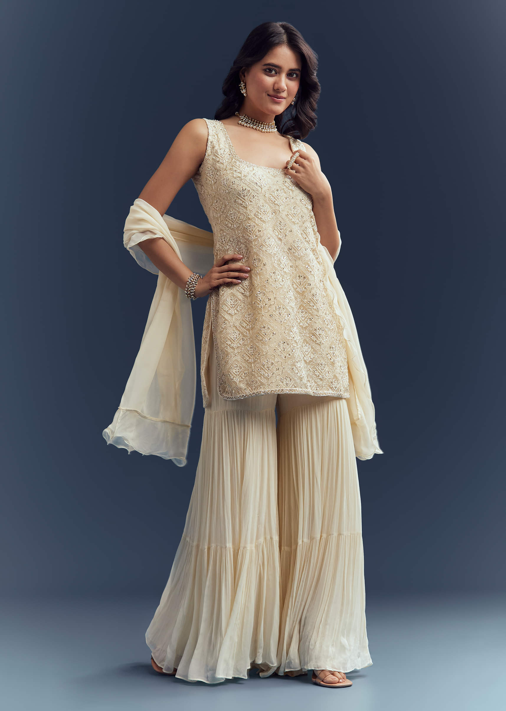 Cream Georgette Sharara Suit With Moti And Thread Embroidery