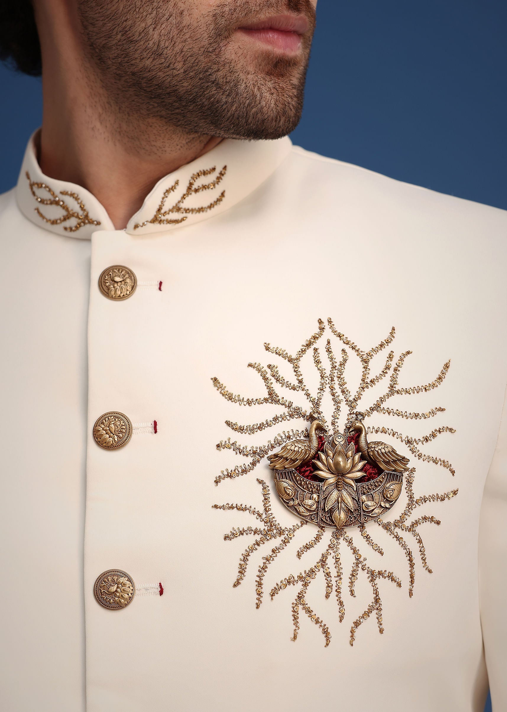 Cream Indowestern Suit With Zari And Metal Work Broach