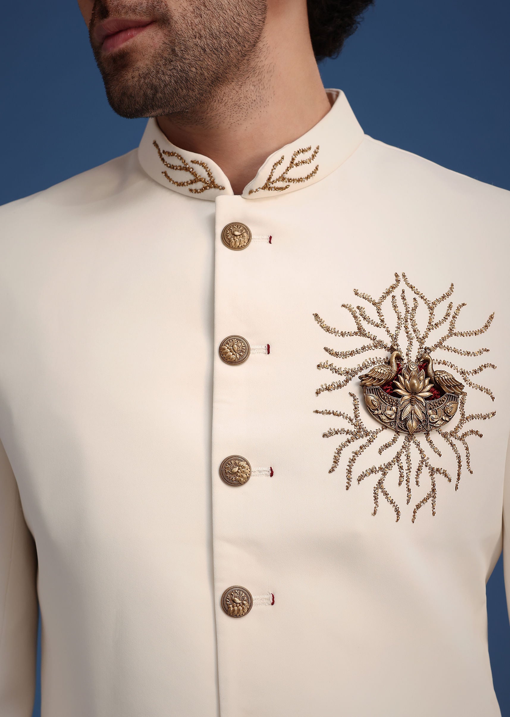 Cream Indowestern Suit With Zari And Metal Work Broach