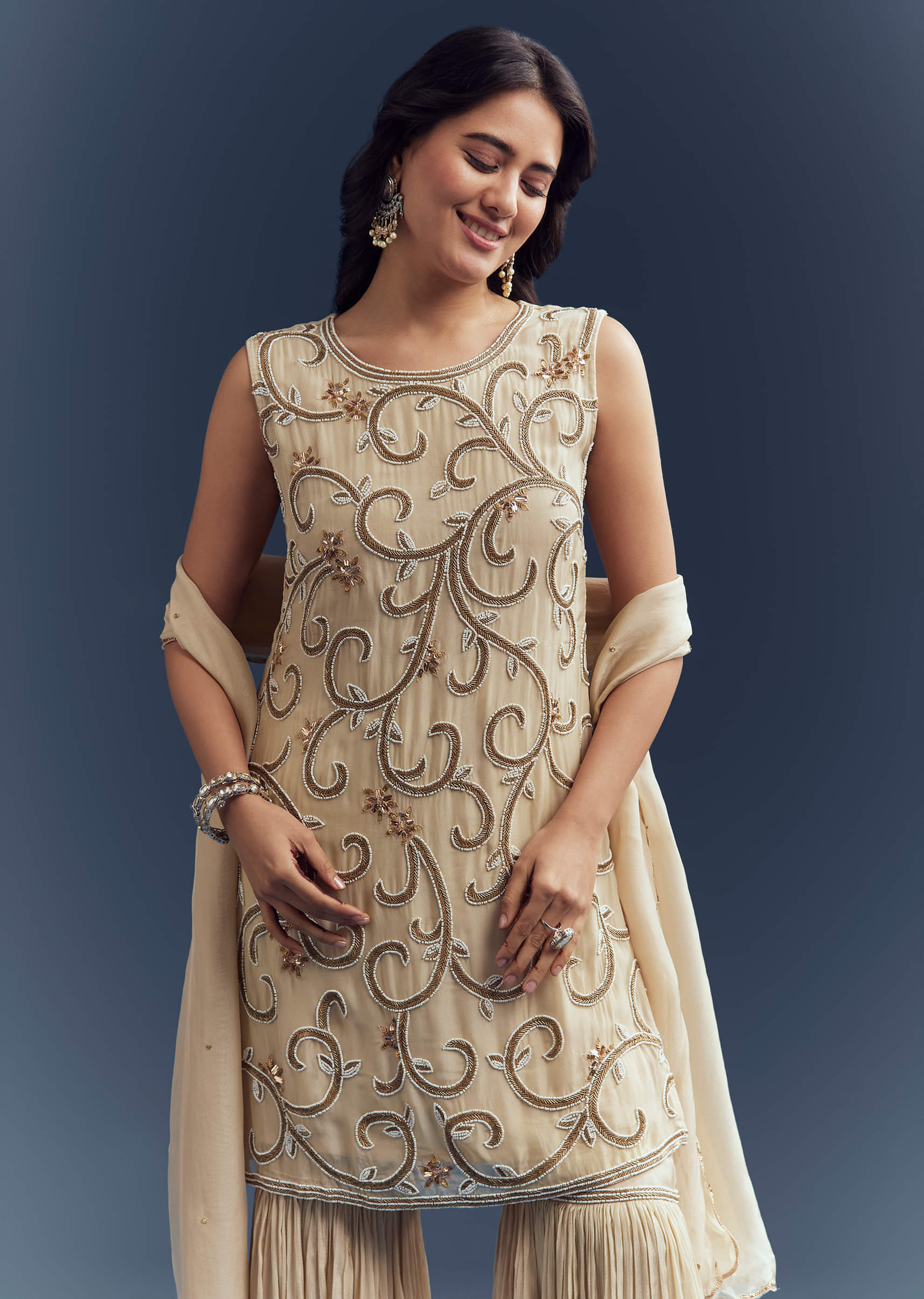 Cream Organza Sharara Suit With Moti And Cutdana Work