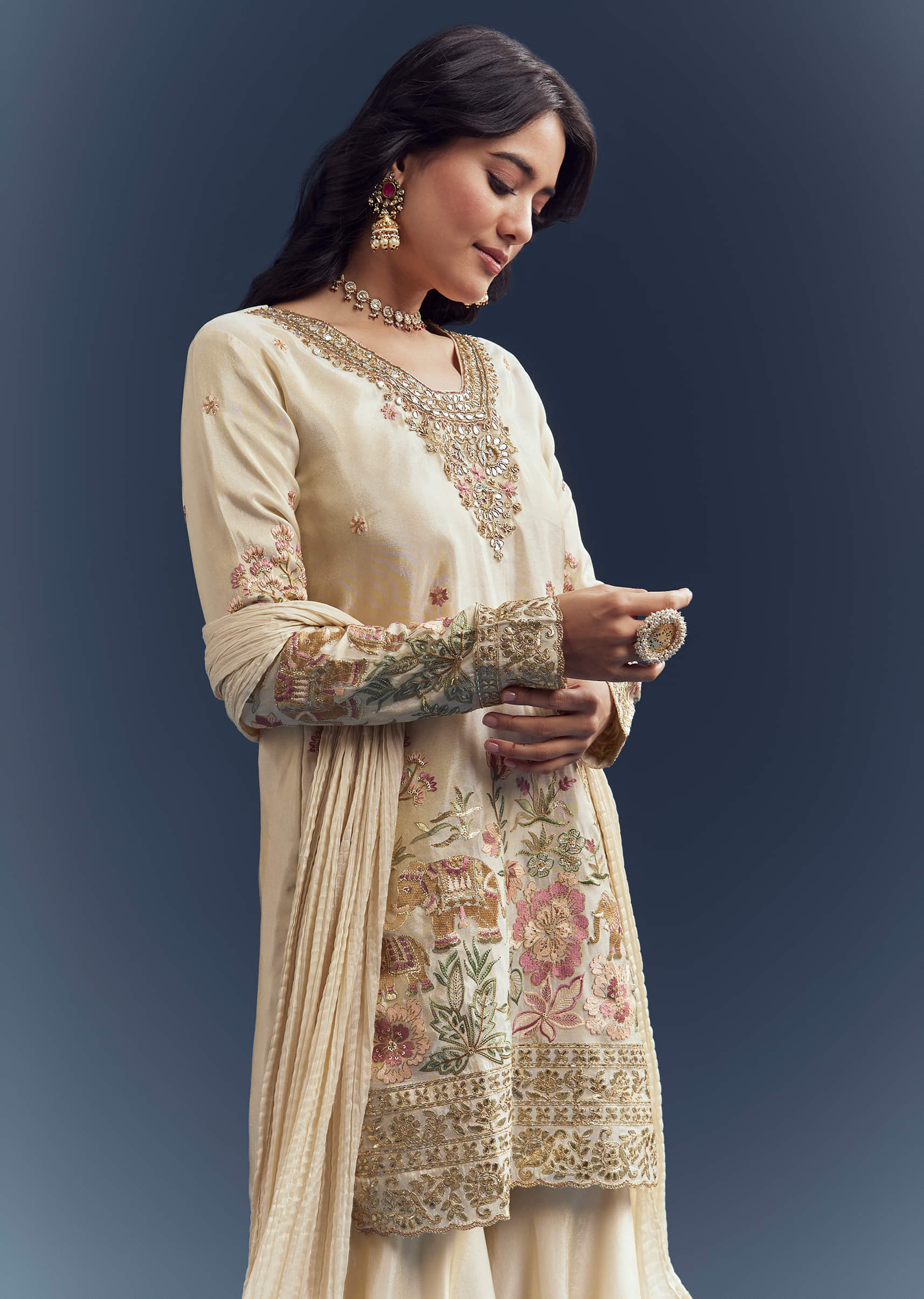 Cream Tissue Sharara Suit With Resham Hand Embroidery