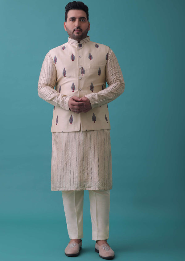 Cream White Art Silk Jacket Kurta Set With Threadwork