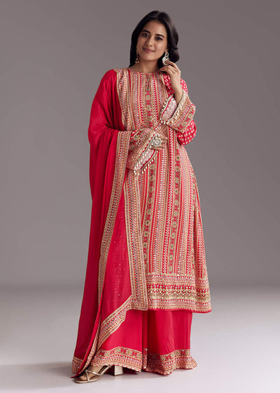 Crimson Red Printed Kurta Palazzo Set