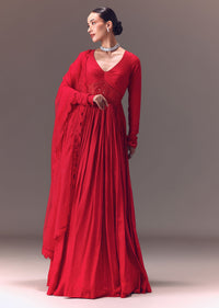 Crimson Red Ruched Embroidered Suit With Dupatta