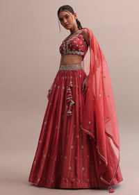 Crimson Red Zardosi Embroidered Choli Lehenga Set With A Net Dupatta