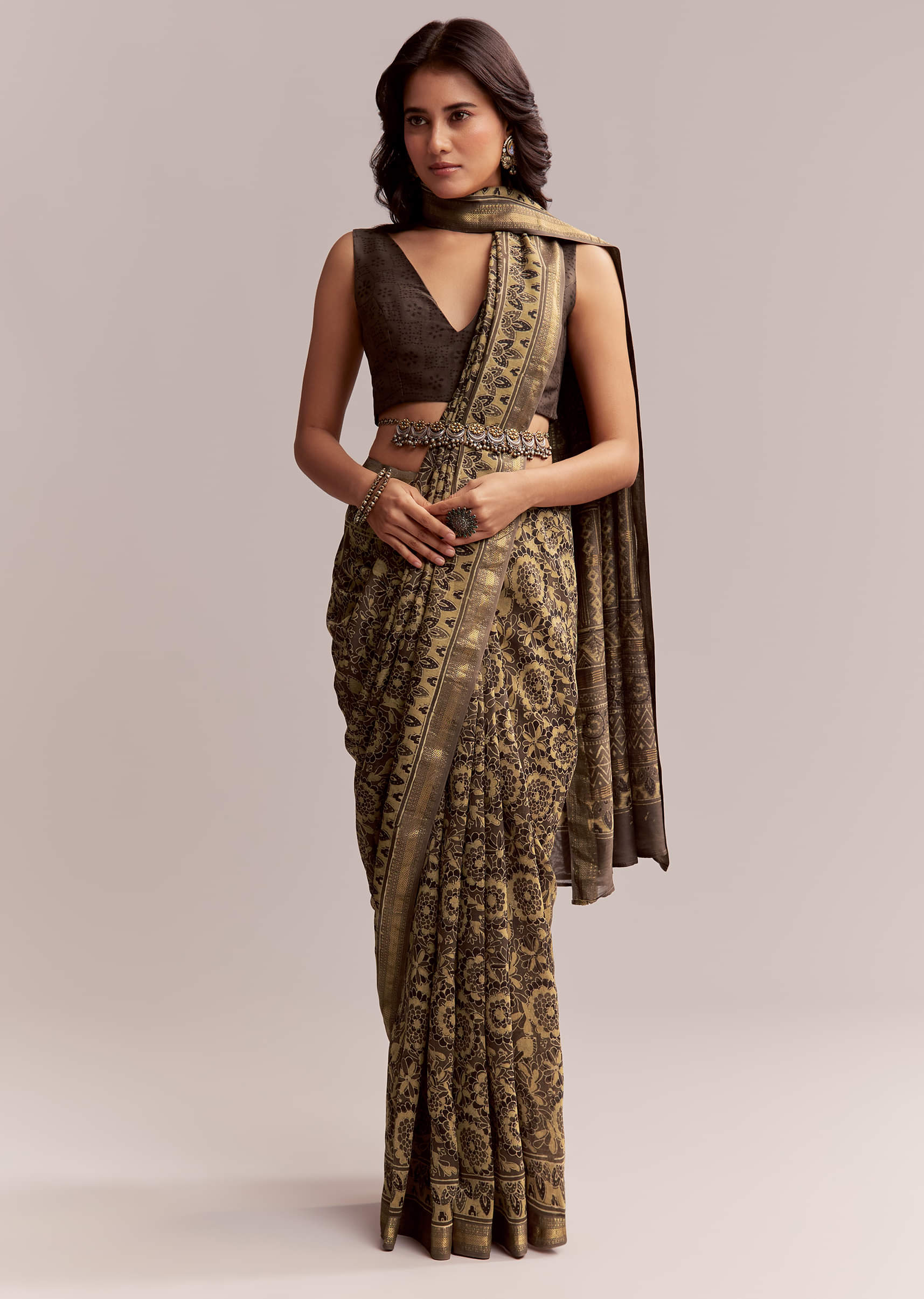 Dark Beige Linen Printed Saree With Authentic Floral Ajrakh Print