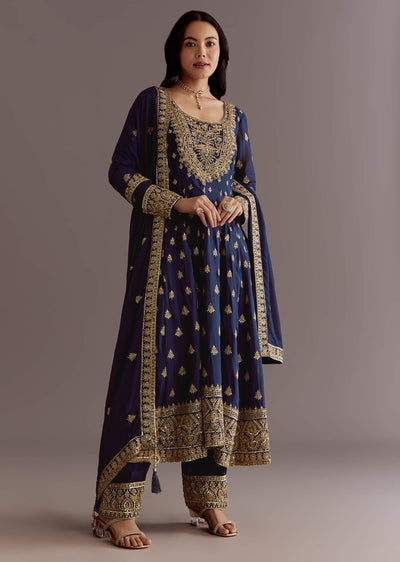 Dark Blue Chinon Zari Embroidered Anarkali Suit With Dupatta