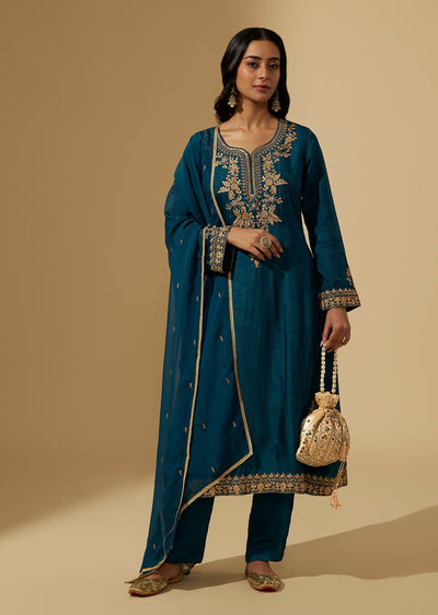 Dark Blue Dola Silk Anarkali Suit With Zari And Sequin Embroidery