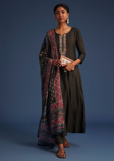 Dark Brown Silk Anarkali Set With Ajrakh Print Dupatta