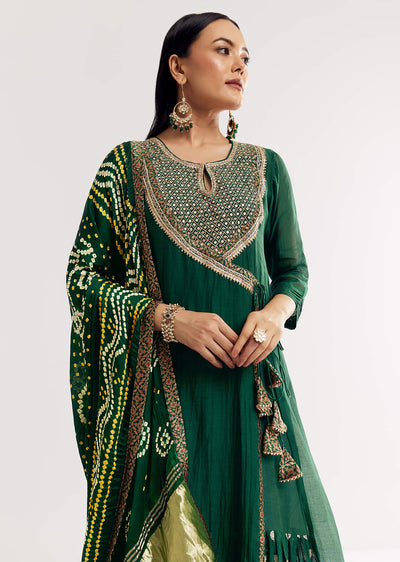 Dark Green Angrakha Kurta Set With Bandhani Dupatta